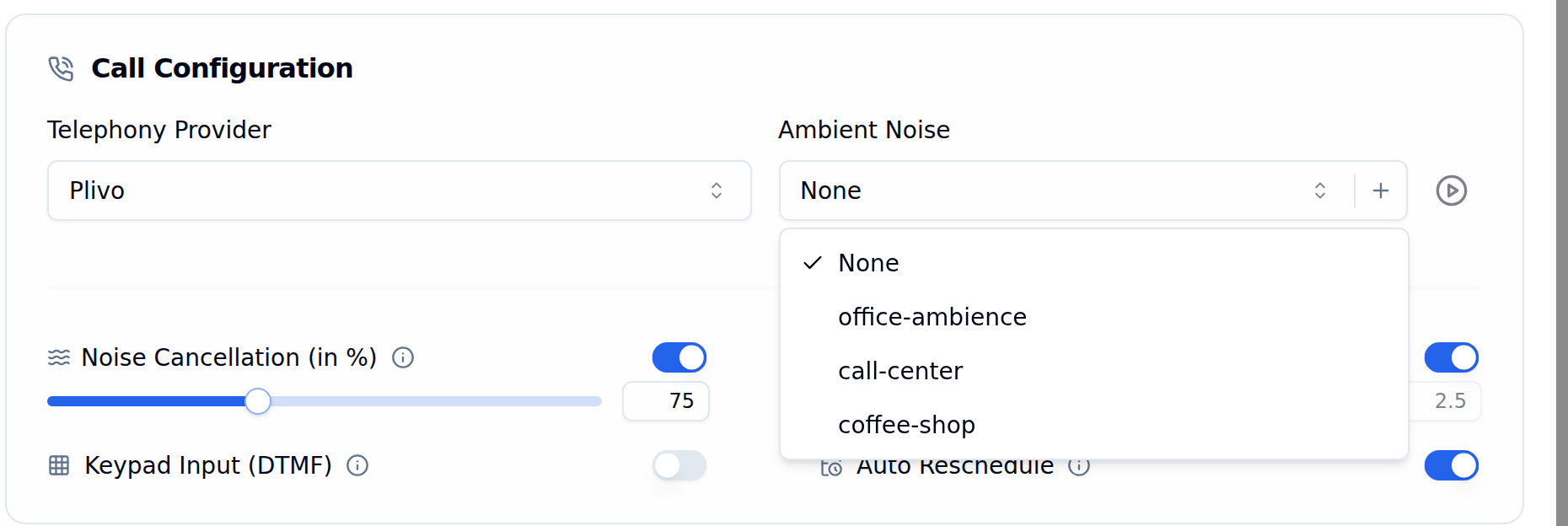 Ambient Noise dropdown open next to the Telephony Provider field, listing None, office-ambience, call-center and coffee-shop, with add and preview buttons beside the dropdown