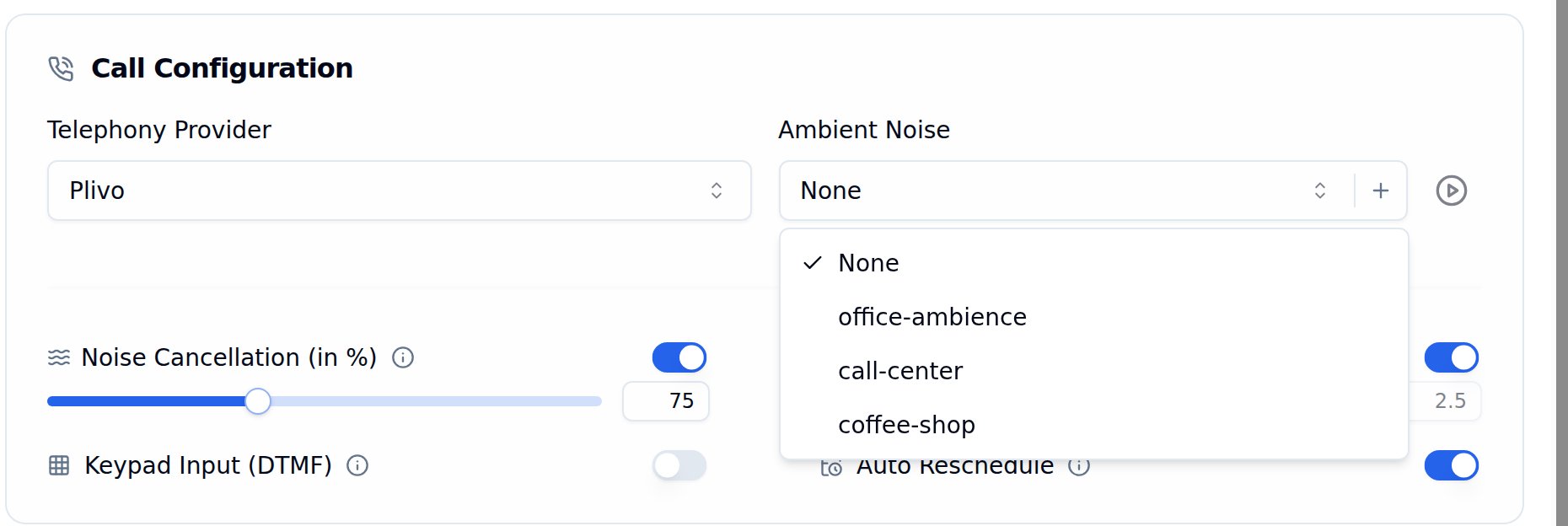 Ambient Noise dropdown open next to the Telephony Provider field, listing None, office-ambience, call-center and coffee-shop, with add and preview buttons beside the dropdown
