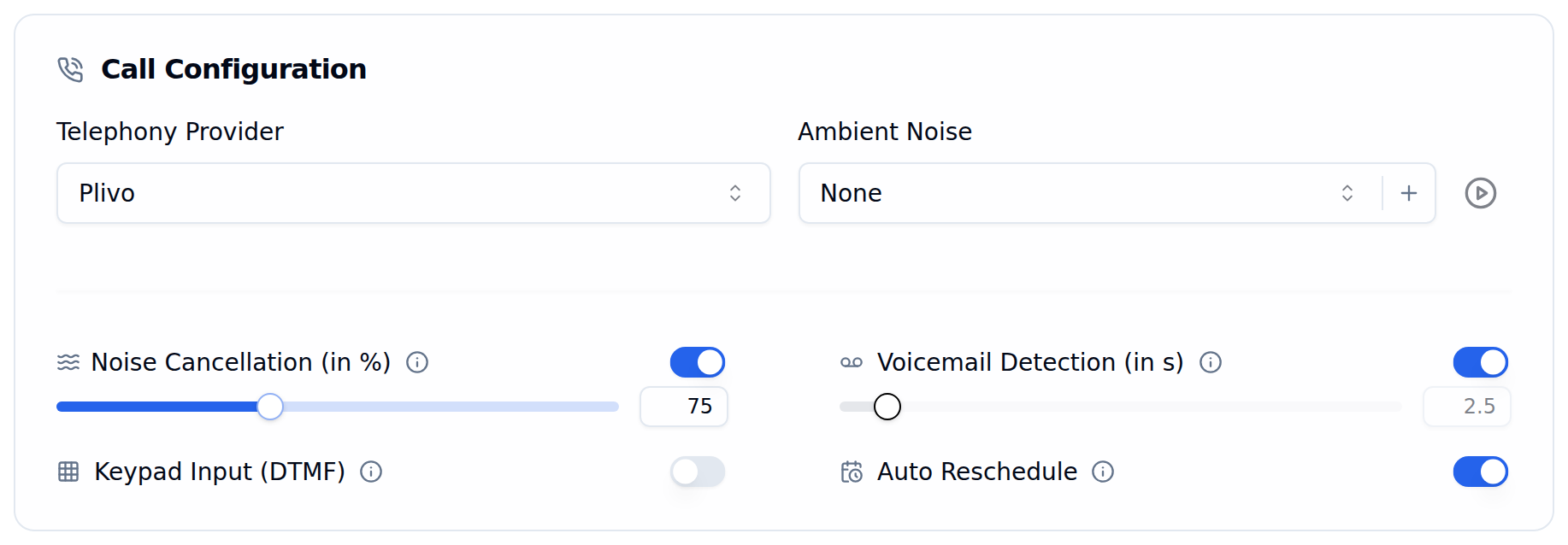 Calling tab showing the Keypad Input DTMF toggle