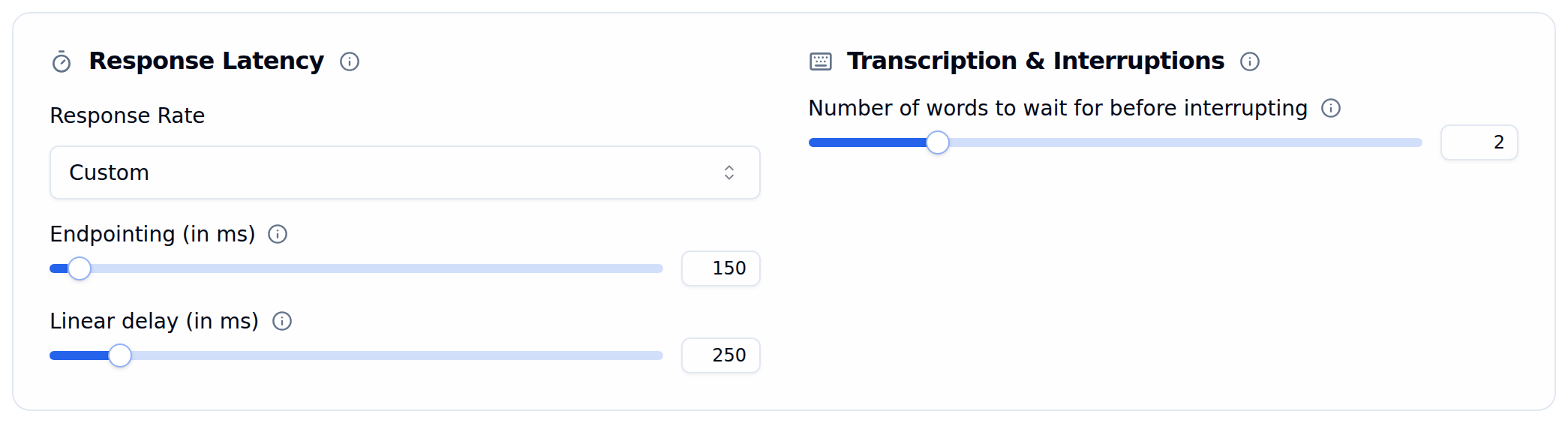 Response Latency card with Response Rate set to Custom, Endpointing at 150 ms and Linear delay at 250 ms, next to the Transcription & Interruptions card