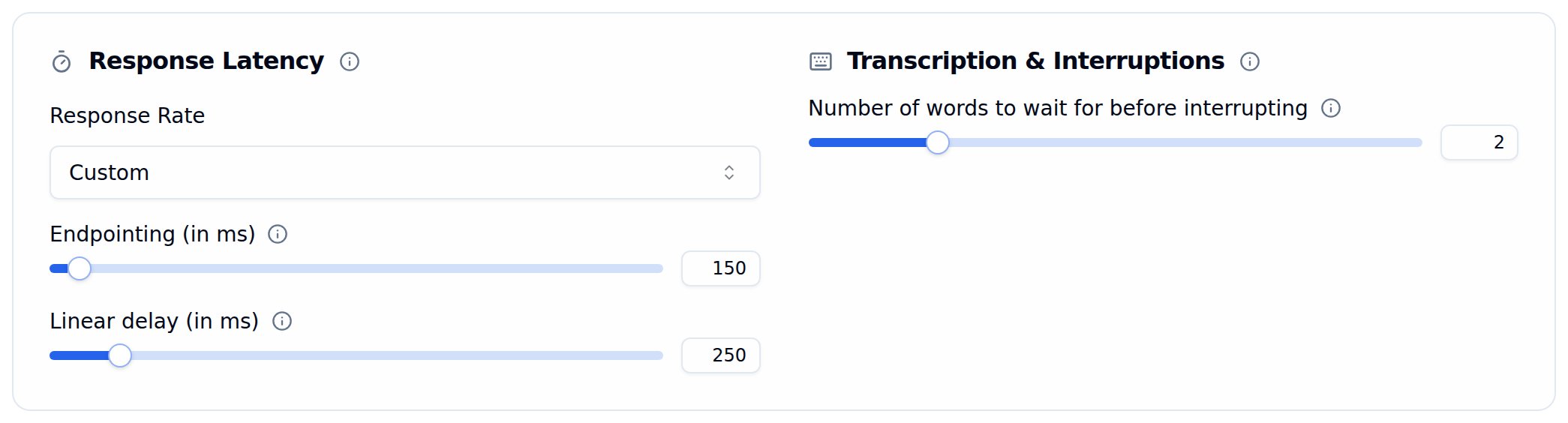 Transcription & Interruptions card with the Number of words to wait for before interrupting slider set to 2, beside the Response Latency card