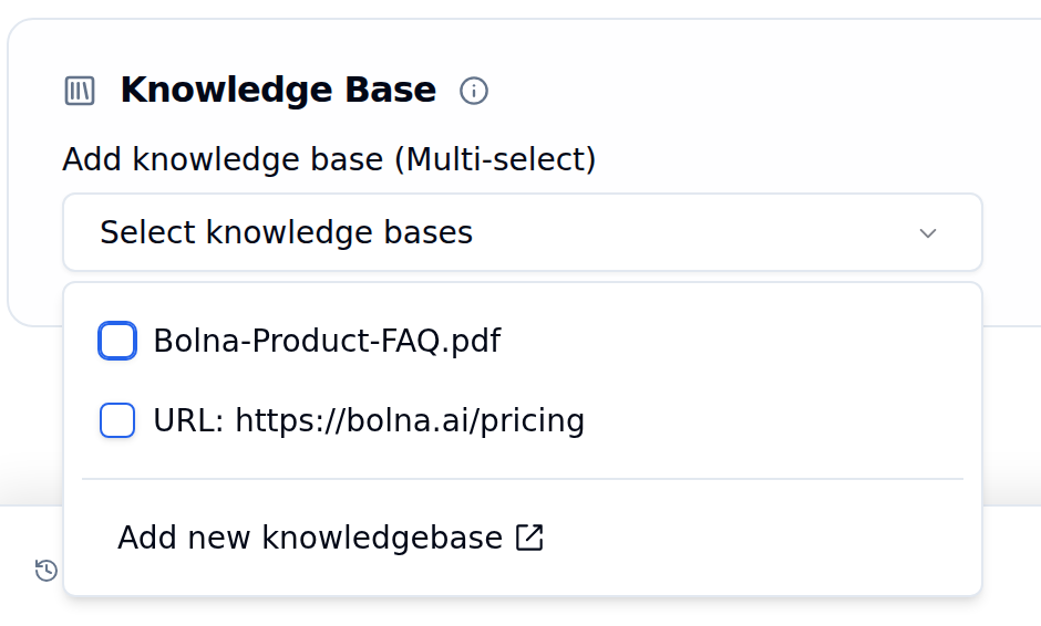 Knowledge Base card with the Select knowledge bases dropdown open, listing a PDF and a URL knowledge base with checkboxes and an Add new knowledgebase link