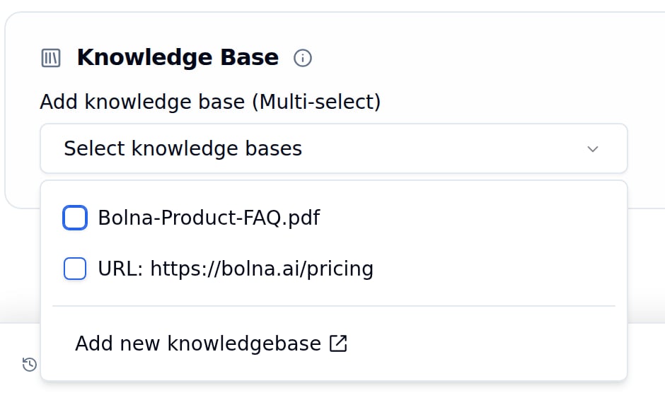 Knowledge Base card with the Select knowledge bases dropdown open, listing a PDF and a URL knowledge base with checkboxes and an Add new knowledgebase link