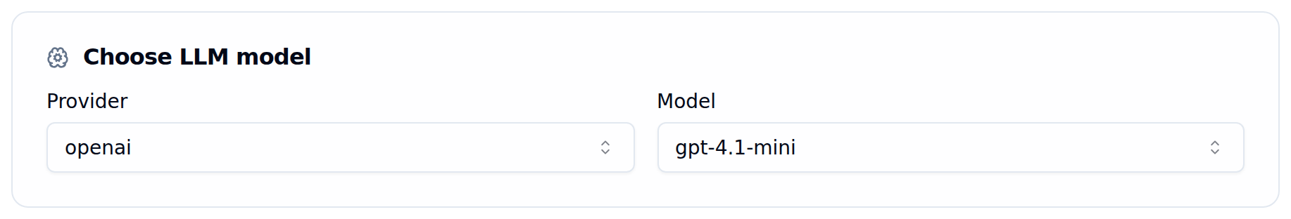 Choose LLM model card with Provider set to openai and Model set to gpt-4.1-mini