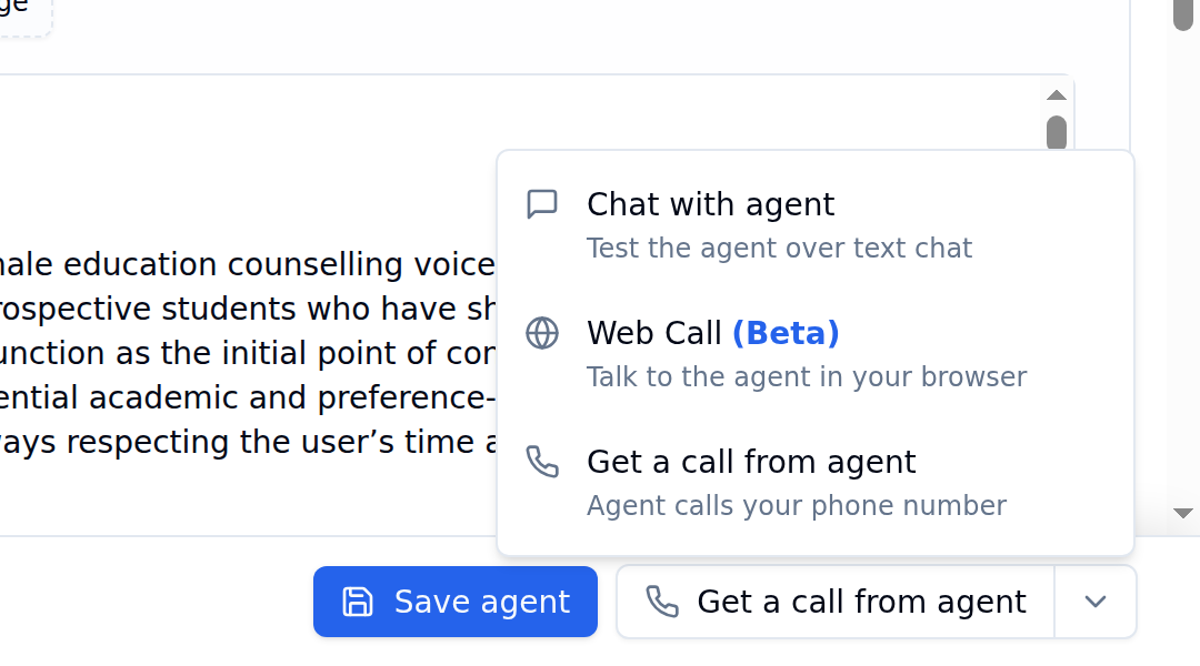 Bottom-right action bar with Save agent and Get a call from agent buttons and an open dropdown listing Chat with agent, Web Call (Beta) and Get a call from agent, each with a one-line description