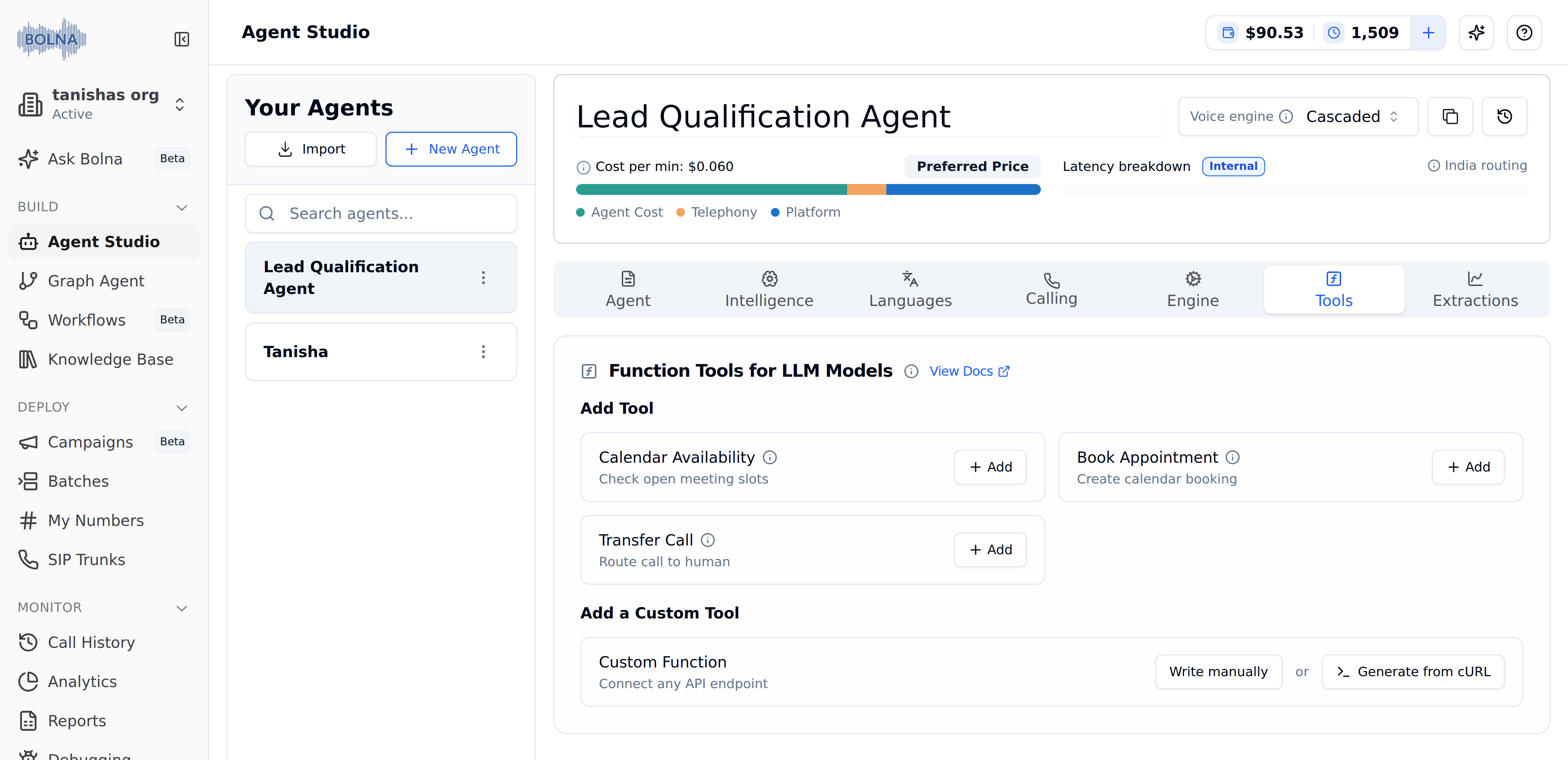 Bolna Tools Tab showing Function Tools for LLM Models with Calendar Availability, Book Appointment, Transfer Call cards, and Custom Function section with Write manually and Generate from cURL buttons
