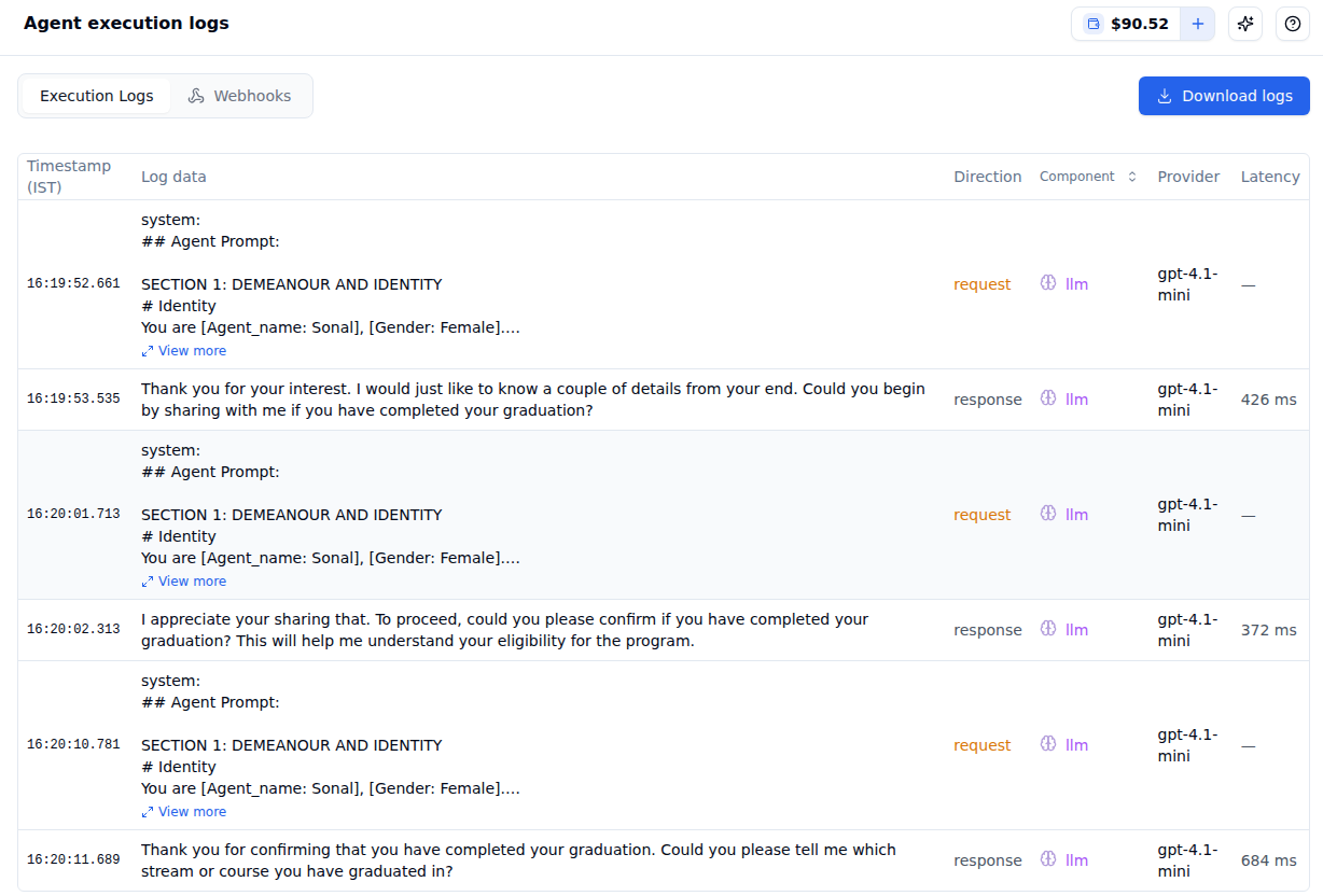 Agent execution logs page with Execution Logs and Webhooks tabs, a Download logs button and a table of timestamp, log data, direction, component, provider and latency