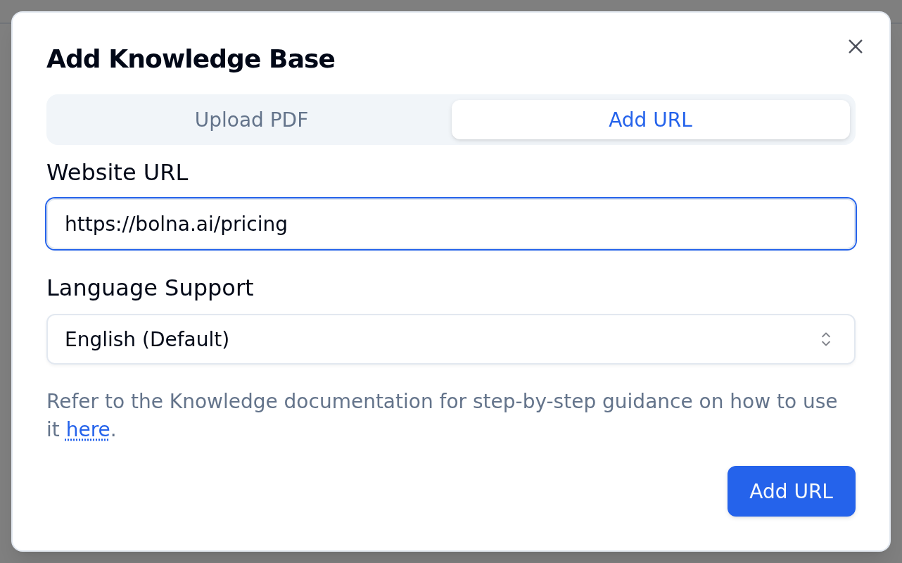 Add Knowledge Base modal with the Add URL tab active, a Website URL field containing a URL, a Language Support dropdown set to English (Default) and an Add URL button