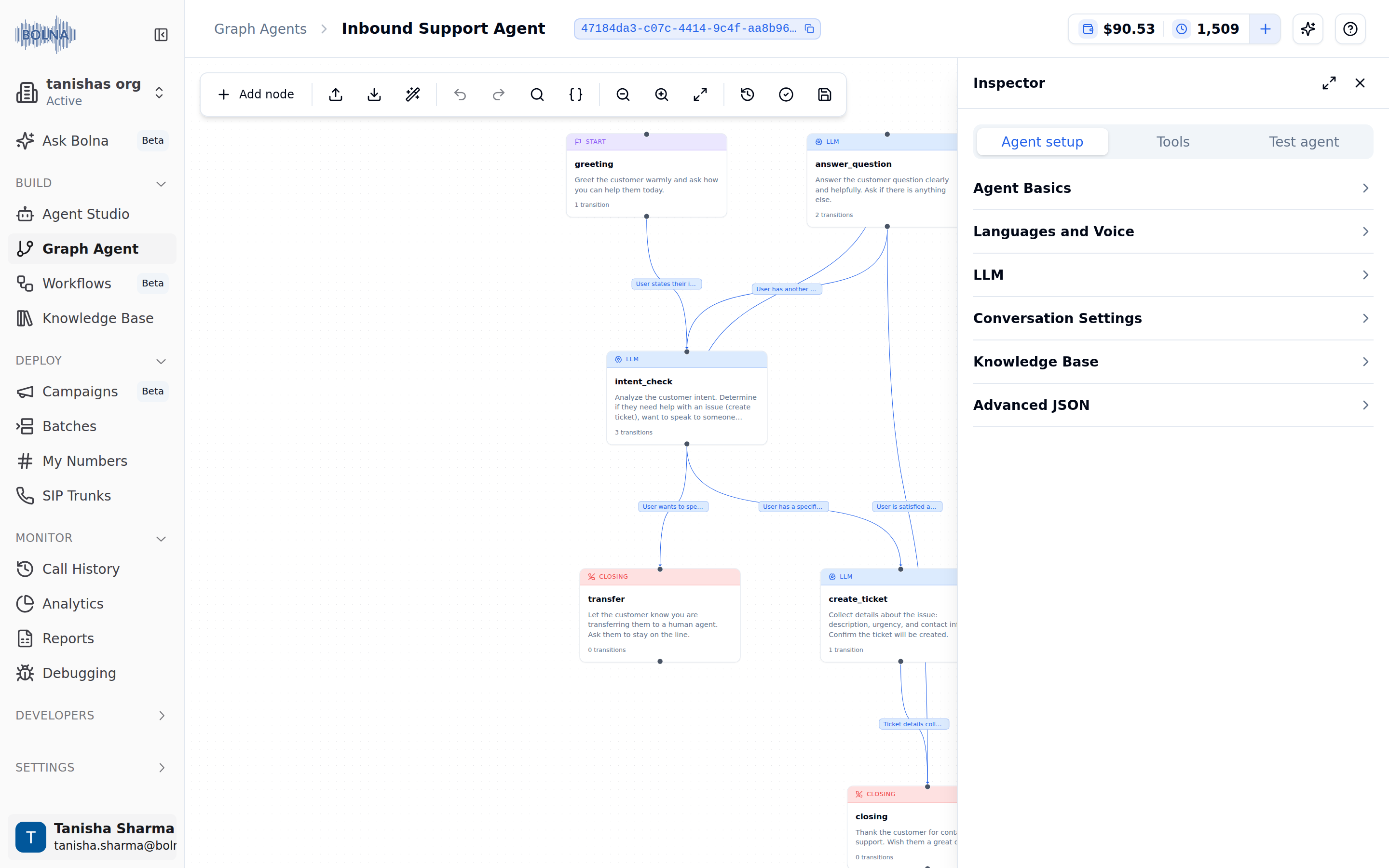 Graph agent editor in the Bolna dashboard with the node canvas and its labelled transitions, the editor toolbar, and the Inspector open on the Agent setup tab listing Agent Basics, Languages and Voice, LLM, Conversation Settings, Knowledge Base and Advanced JSON