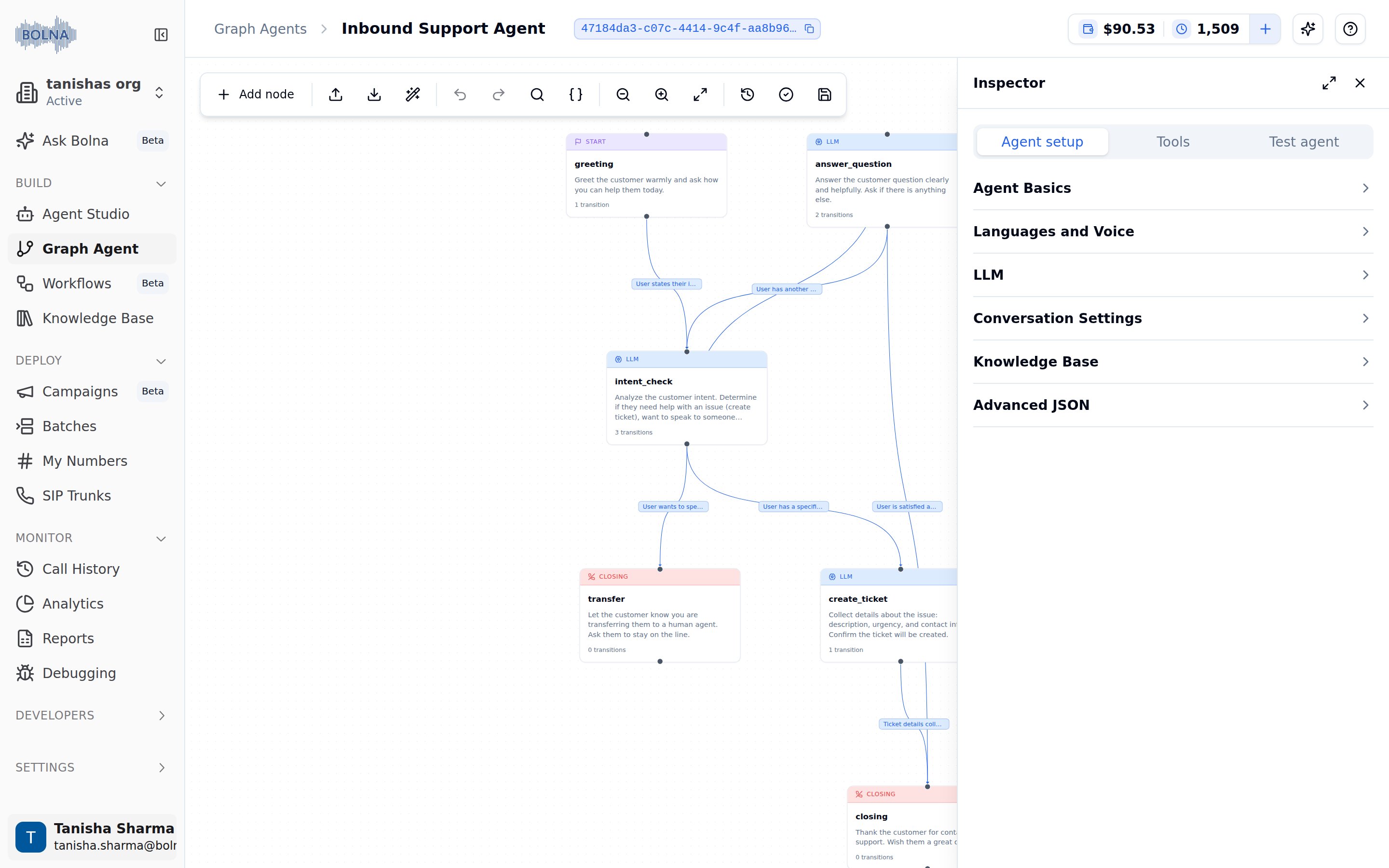 Graph agent editor in the Bolna dashboard with the node canvas and its labelled transitions, the editor toolbar, and the Inspector open on the Agent setup tab listing Agent Basics, Languages and Voice, LLM, Conversation Settings, Knowledge Base and Advanced JSON