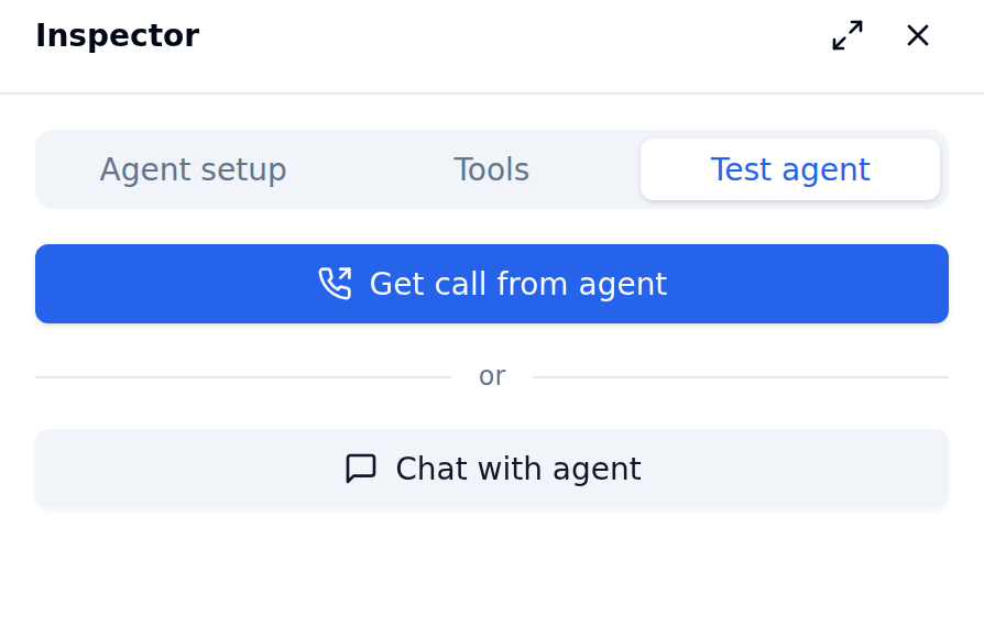 Inspector on the Test agent tab, next to Agent setup and Tools, with a Get call from agent button and a Chat with agent button separated by an 'or' divider
