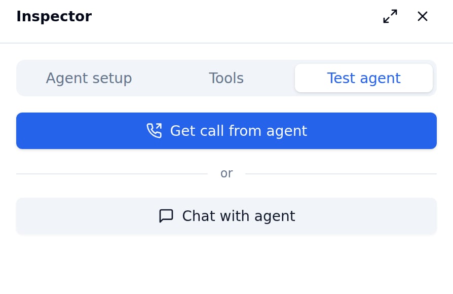 Inspector on the Test agent tab, next to Agent setup and Tools, with a Get call from agent button and a Chat with agent button separated by an 'or' divider