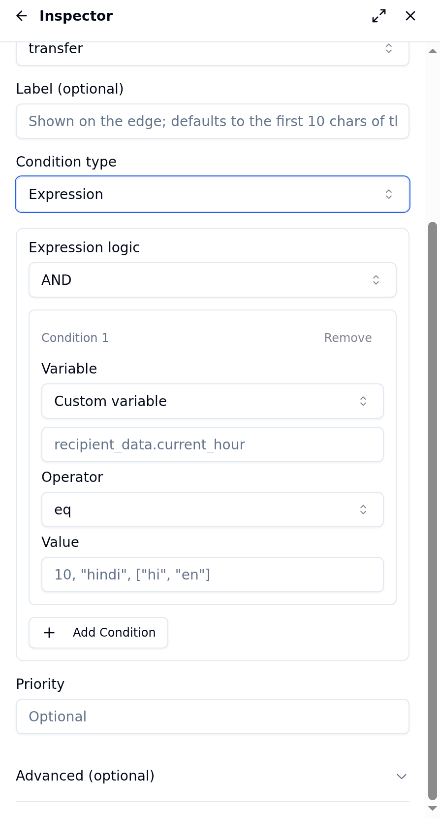 Edge inspector with Condition type set to Expression, showing the Logic AND selector, a condition row with variable, operator and value fields, an Add condition button, the Label and Priority fields and the Advanced (optional) section