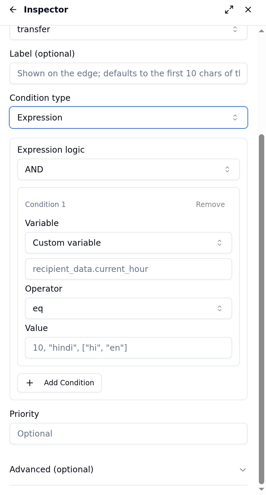 Edge inspector with Condition type set to Expression, showing the Logic AND selector, a condition row with variable, operator and value fields, an Add condition button, the Label and Priority fields and the Advanced (optional) section