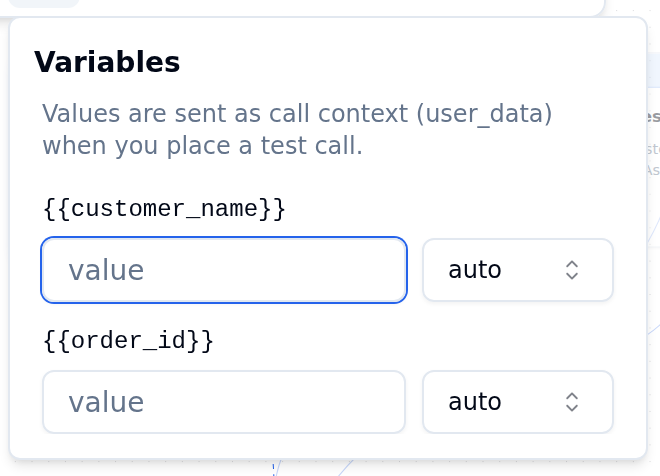 Variables popover listing the discovered tokens {{customer_name}} and {{order_id}}, each with a value field and a type selector set to auto