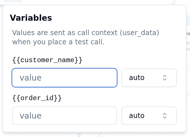 Variables popover listing the discovered tokens {{customer_name}} and {{order_id}}, each with a value field and a type selector set to auto