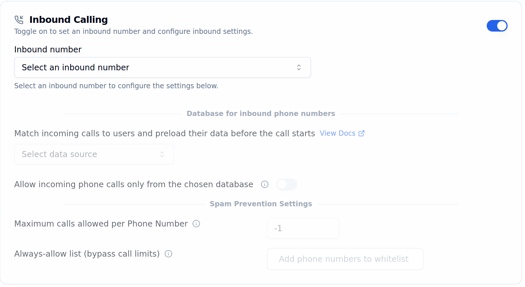 Inbound Calling section of the Calling tab with the inbound number selector, a Database for inbound phone numbers block containing the Select data source dropdown and the Allow incoming phone calls only from the chosen database toggle, and Spam Prevention Settings