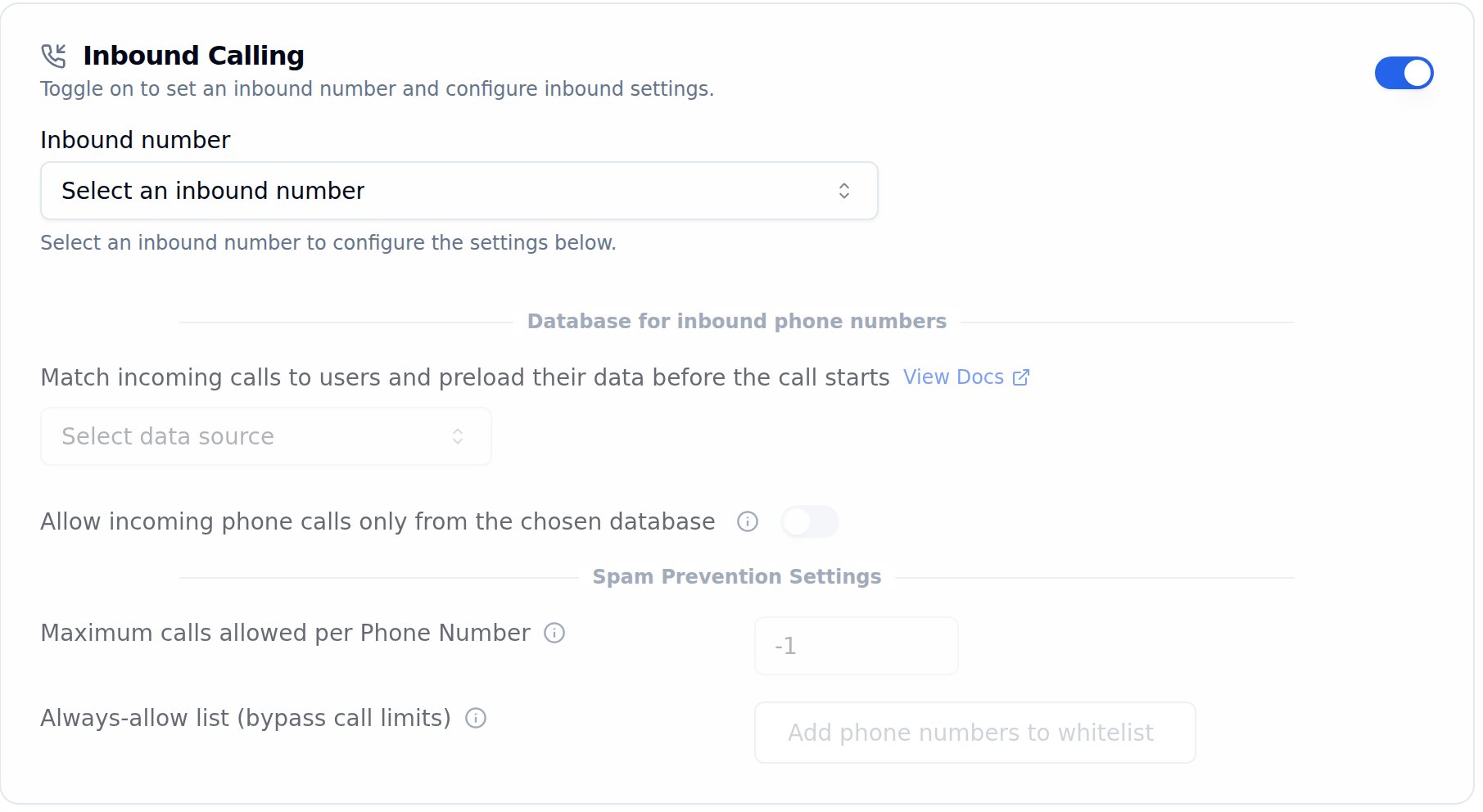 Inbound Calling section of the Calling tab with the inbound number selector, a Database for inbound phone numbers block containing the Select data source dropdown and the Allow incoming phone calls only from the chosen database toggle, and Spam Prevention Settings