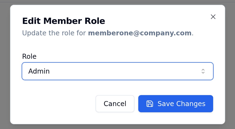 Edit Member Role dialog showing the member's email, a Role dropdown set to Admin, and Cancel and Save Changes buttons