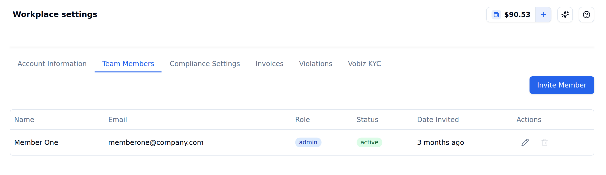 Workplace settings page on the Team Members tab with an Invite Member button and a table of Name, Email, Role, Status, Date Invited and Actions