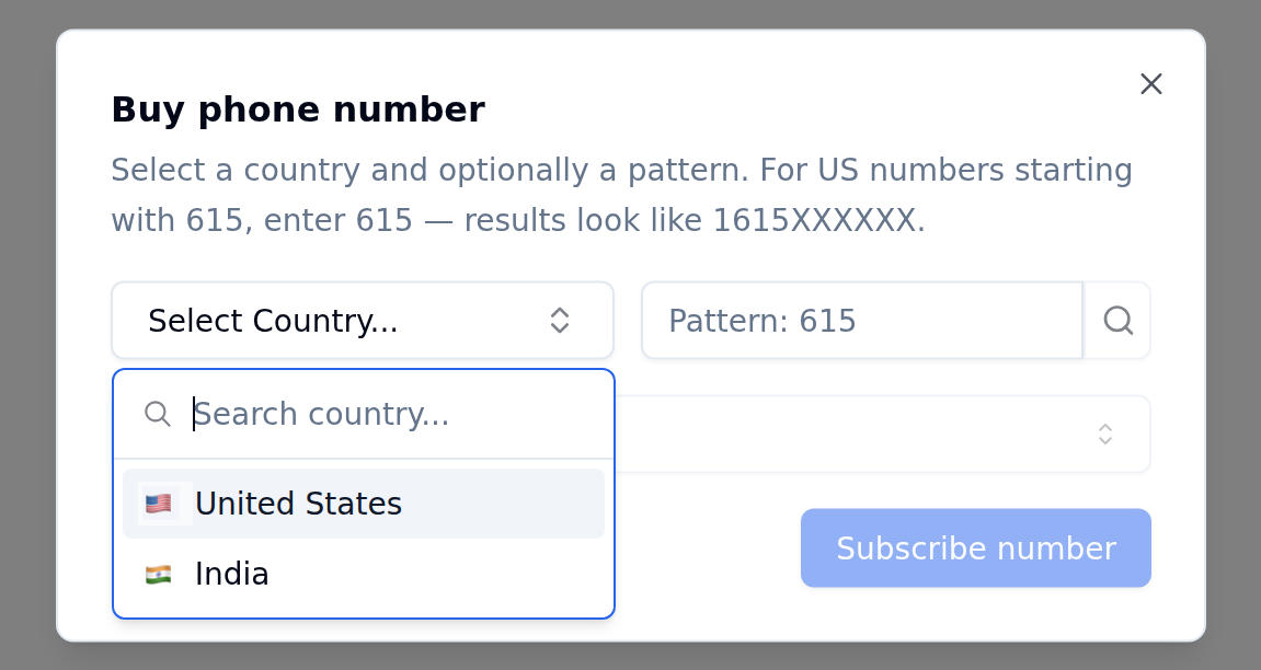 Buy phone number dialog with country dropdown open showing United States and India options