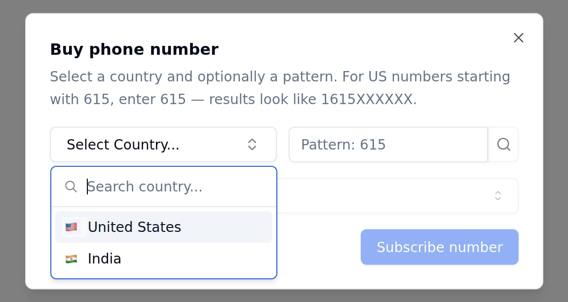 Buy phone number dialog with country dropdown open showing United States and India options