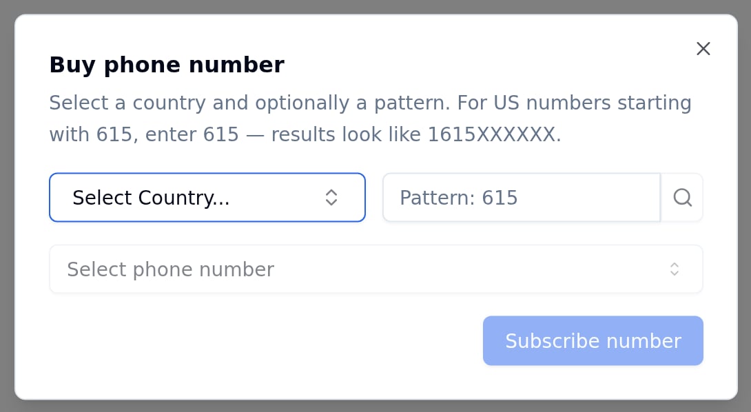 Buy phone number dialog with a Select Country dropdown, a Pattern field, a Select phone number dropdown and a Subscribe number button