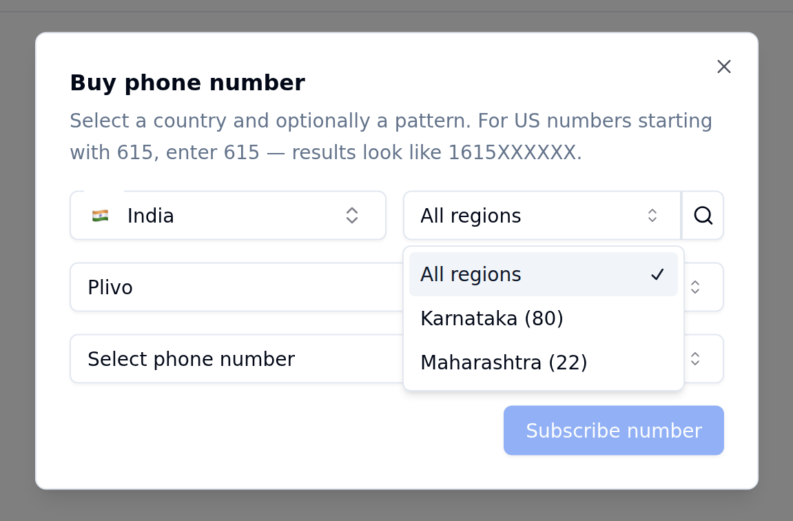 Buy phone number dialog with India selected, Plivo as provider, and region dropdown showing All regions, Karnataka (80), and Maharashtra (22)