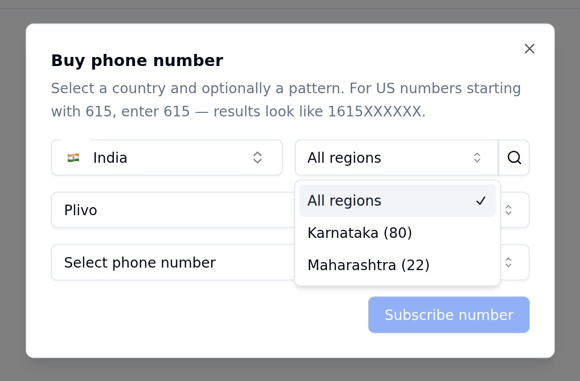 Buy phone number dialog with India selected, Plivo as provider, and region dropdown showing All regions, Karnataka (80), and Maharashtra (22)