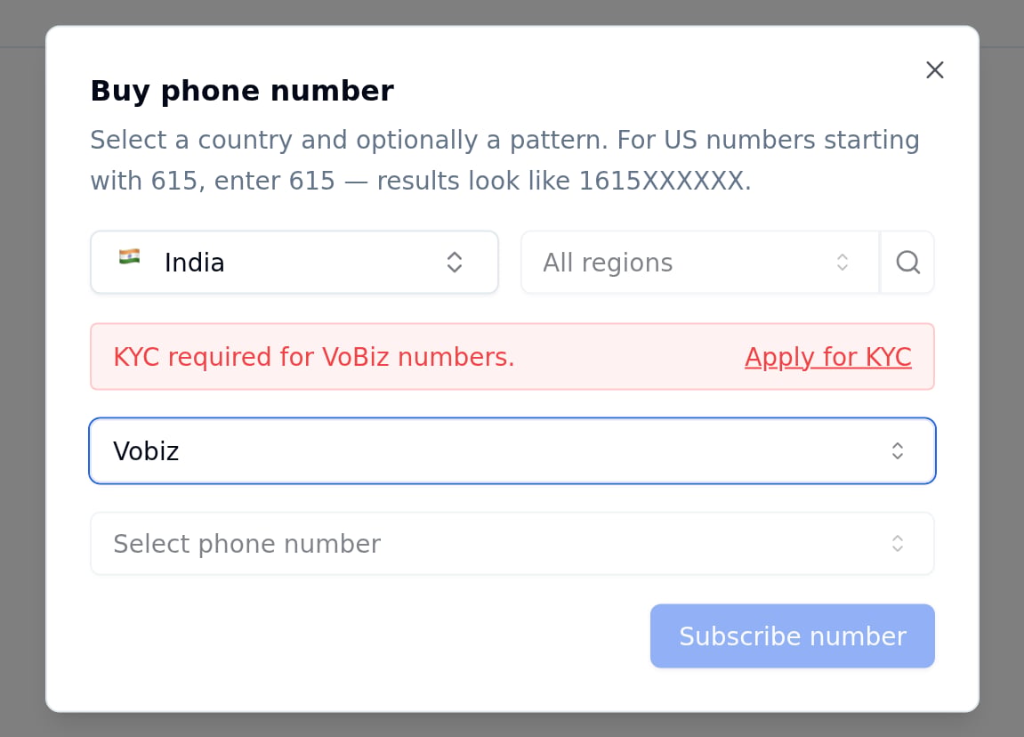 Buy phone number dialog with India and Vobiz selected and a red KYC required for VoBiz numbers banner with an Apply for KYC link