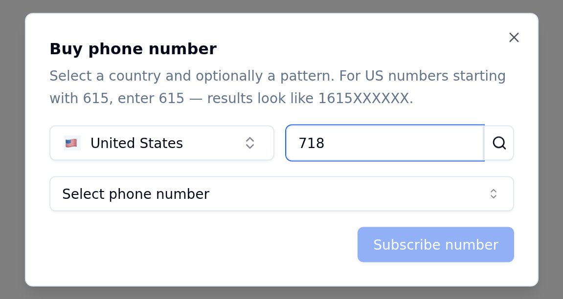 Buy phone number dialog with United States selected and 718 entered in the pattern field