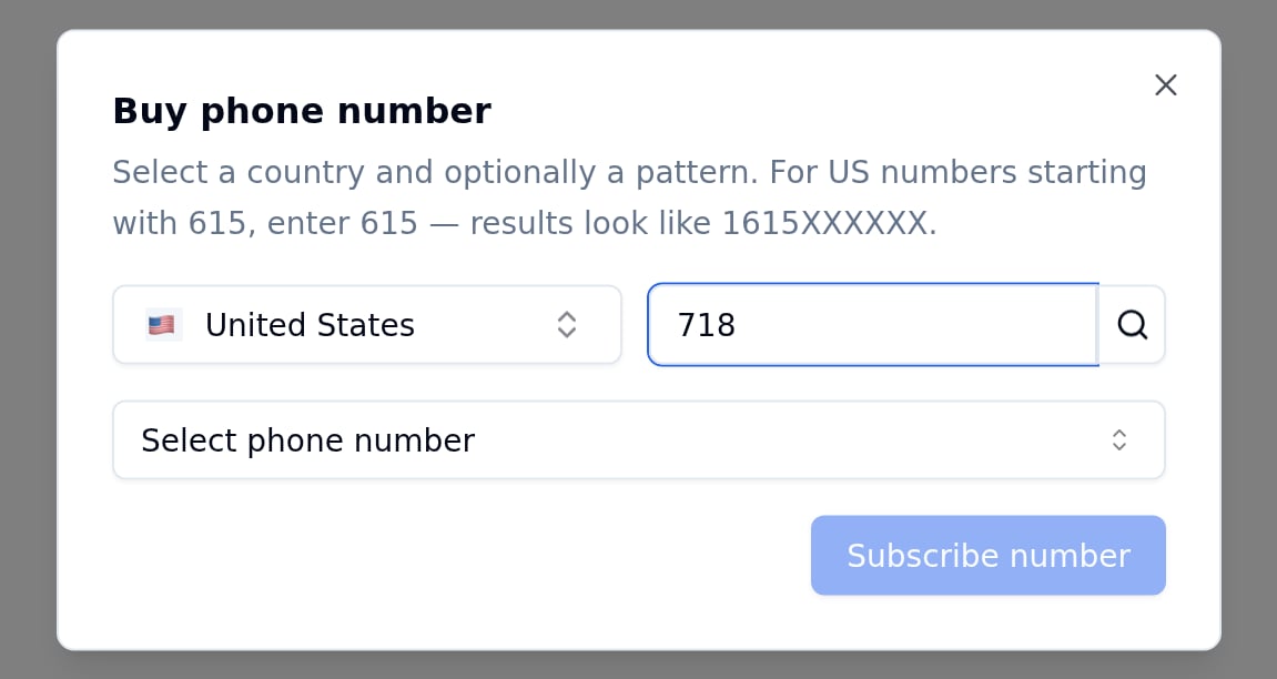 Buy phone number dialog with United States selected and 718 entered in the pattern field