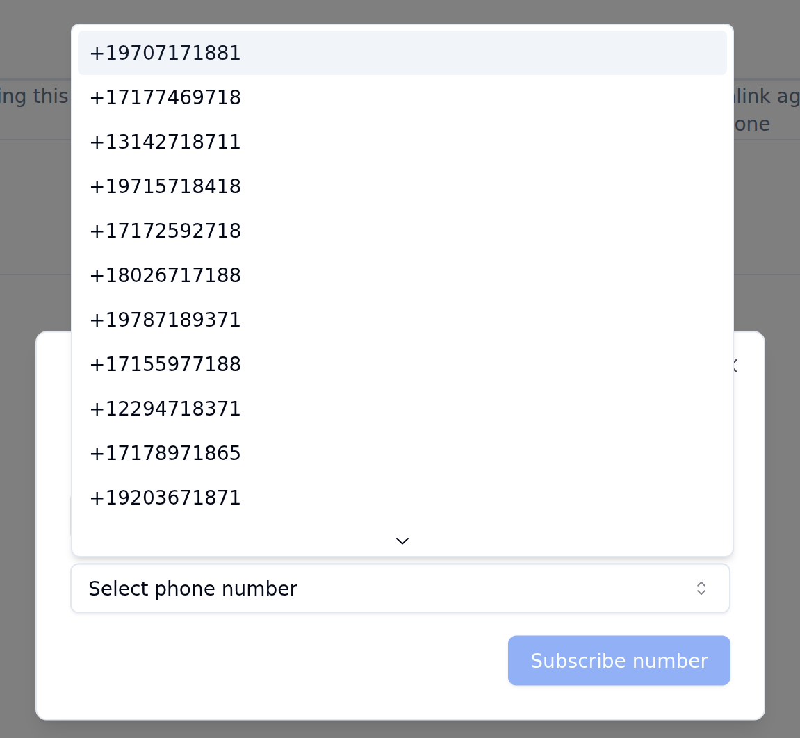 Select phone number dropdown listing available US numbers in E.164 format above the Subscribe number button