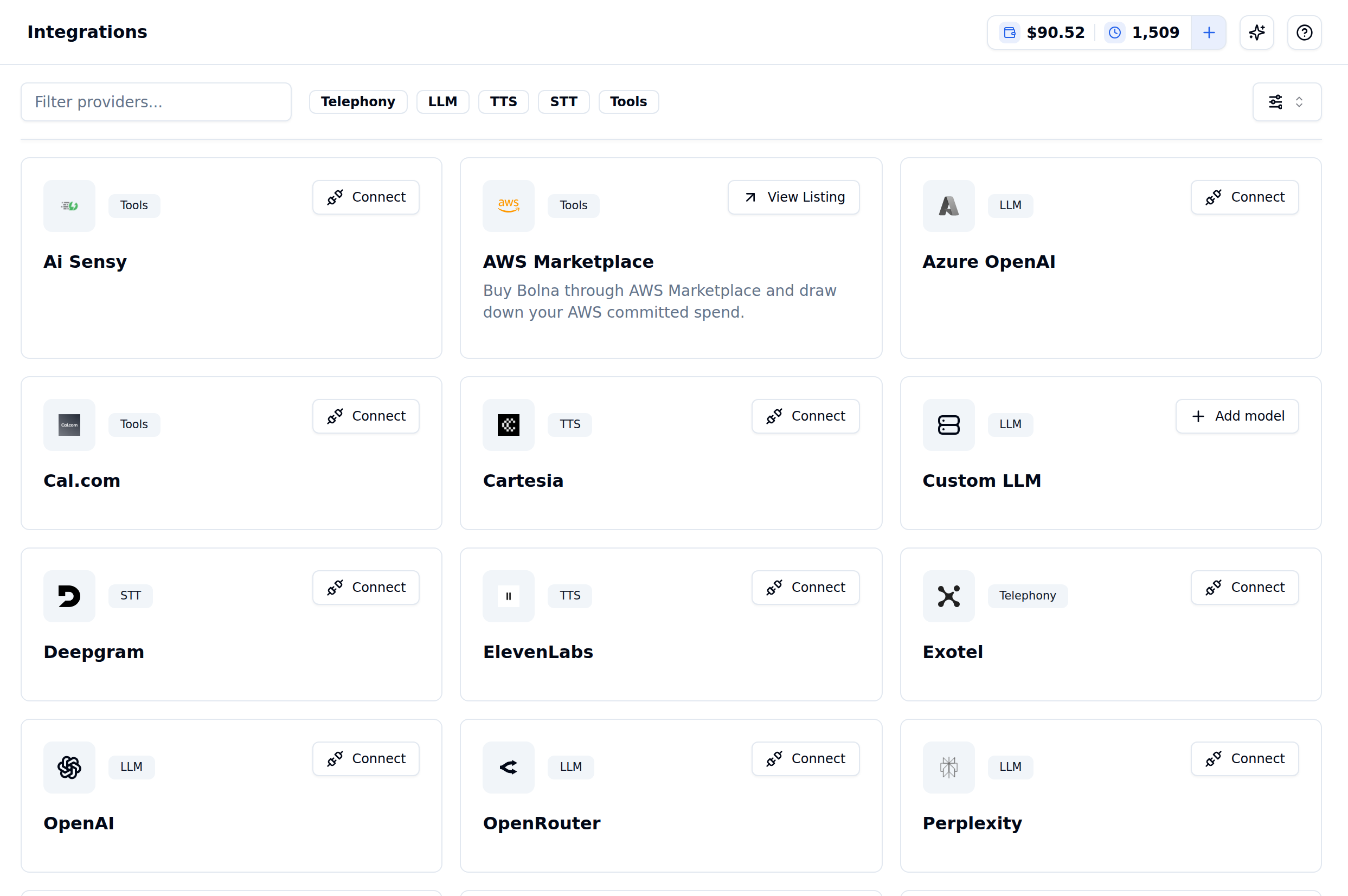 Integrations page under Settings in the Bolna dashboard, showing a provider filter box, Telephony, LLM, TTS, STT and Tools category filters, and provider cards such as Ai Sensy, AWS Marketplace, Azure OpenAI, Cal.com, Cartesia, Custom LLM, Deepgram, ElevenLabs and Exotel with Connect buttons