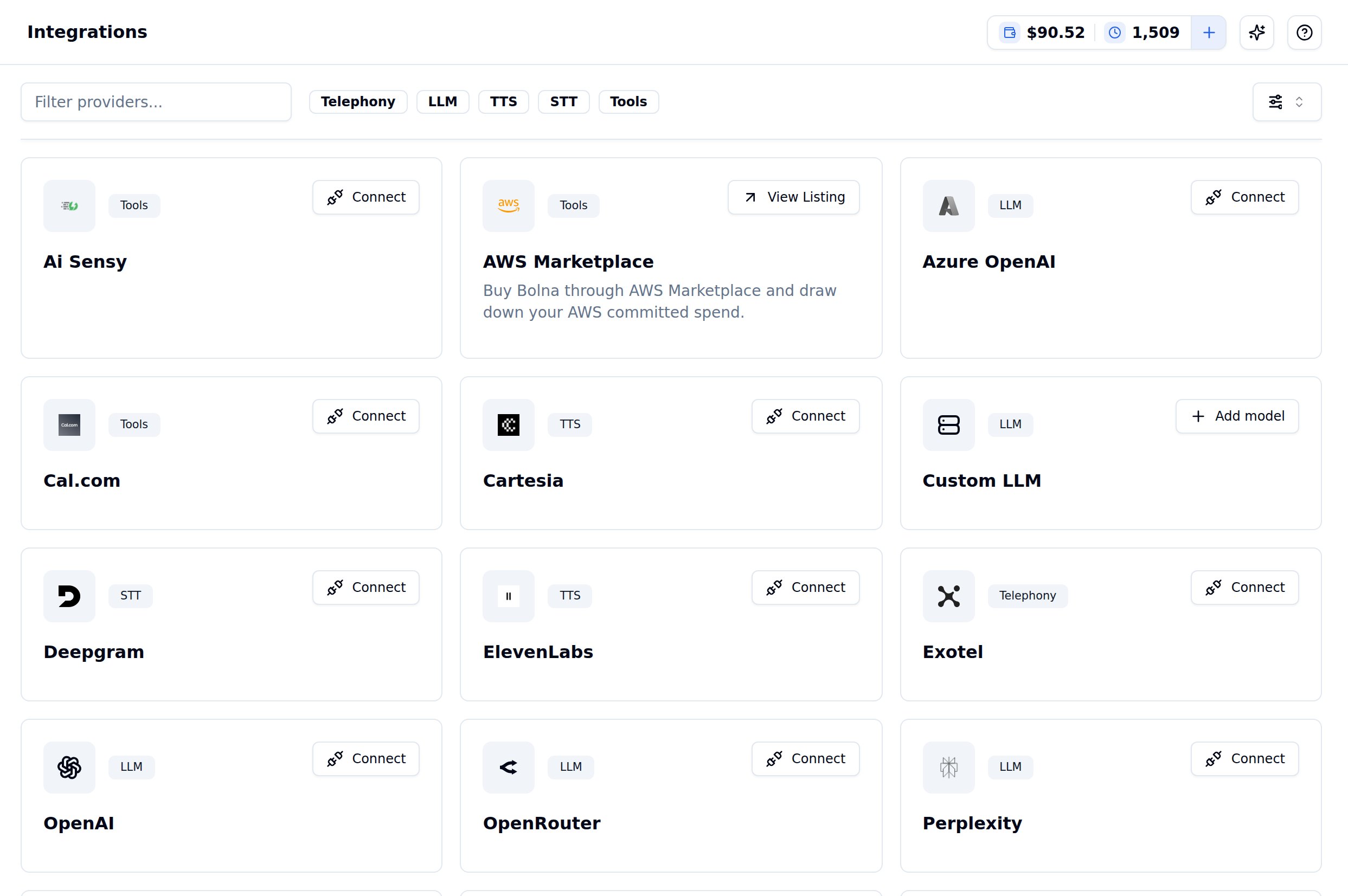 Integrations page under Settings in the Bolna dashboard, showing a provider filter box, Telephony, LLM, TTS, STT and Tools category filters, and provider cards such as Ai Sensy, AWS Marketplace, Azure OpenAI, Cal.com, Cartesia, Custom LLM, Deepgram, ElevenLabs and Exotel with Connect buttons
