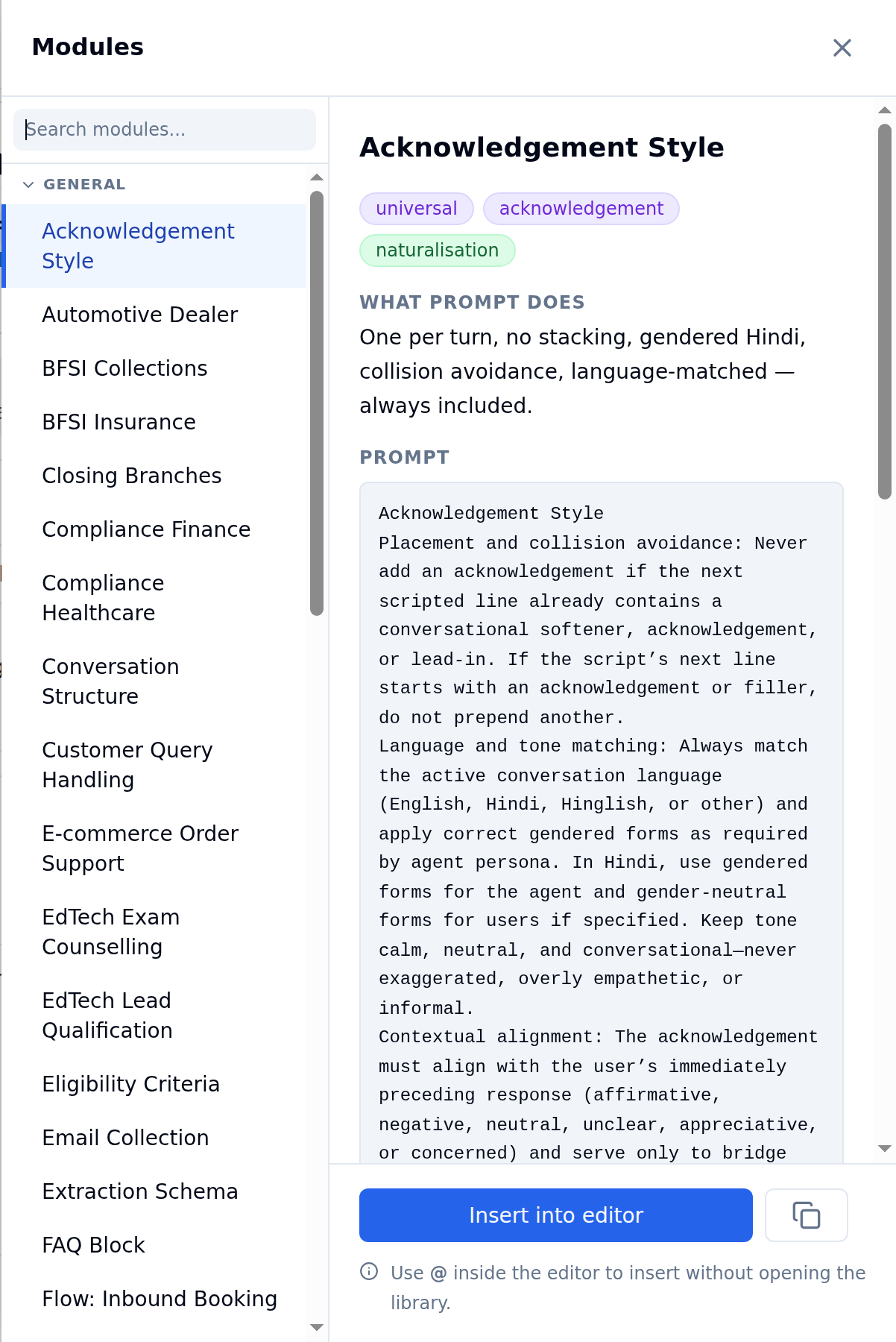 Modules drawer with the searchable module list on the left and the Acknowledgement Style module on the right showing its tags, What Prompt Does description, prompt text and Insert into editor button