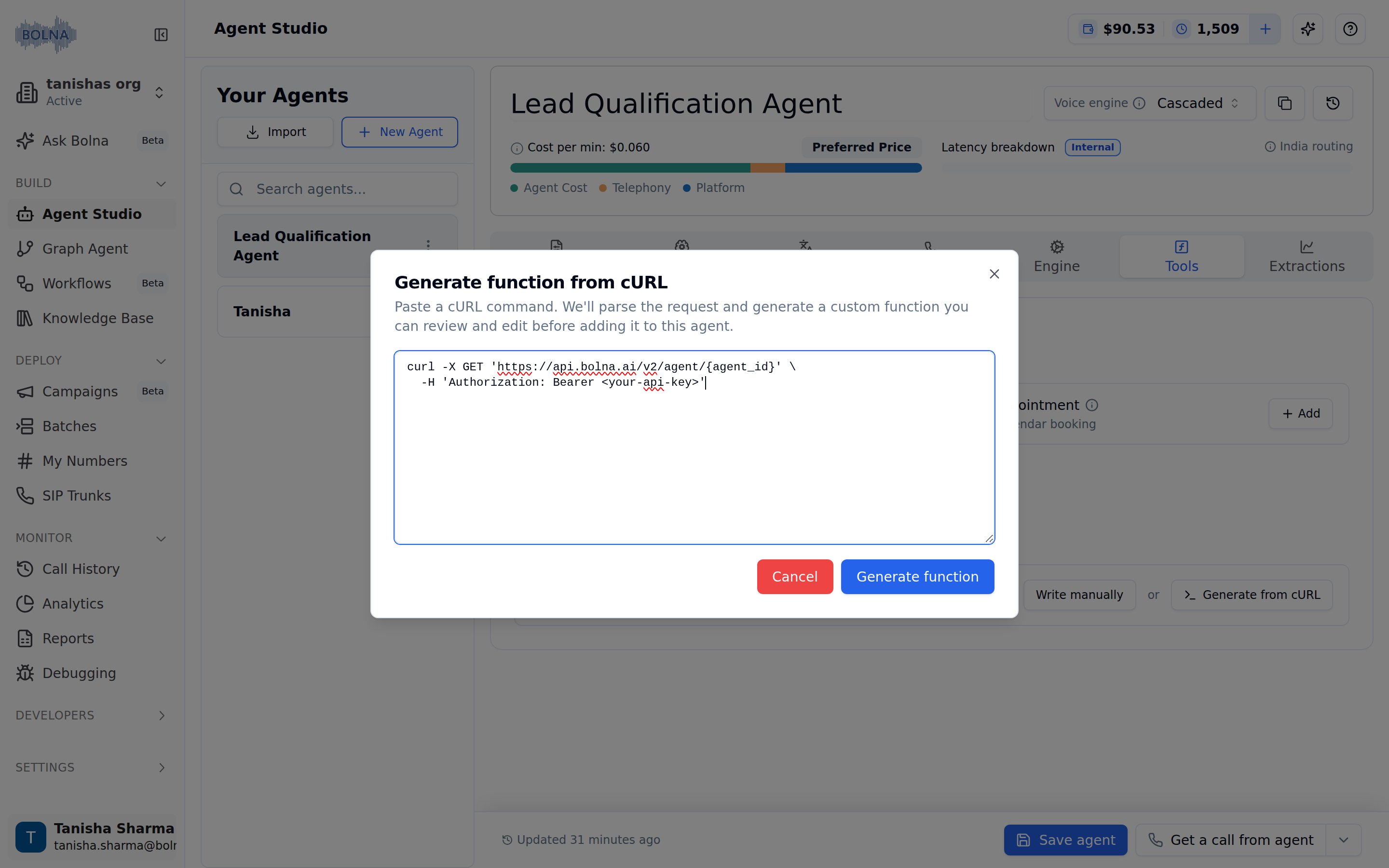 Bolna Generate function from cURL modal with text area containing a sample curl GET request to api.bolna.ai with Authorization Bearer header, Cancel button and Generate function button