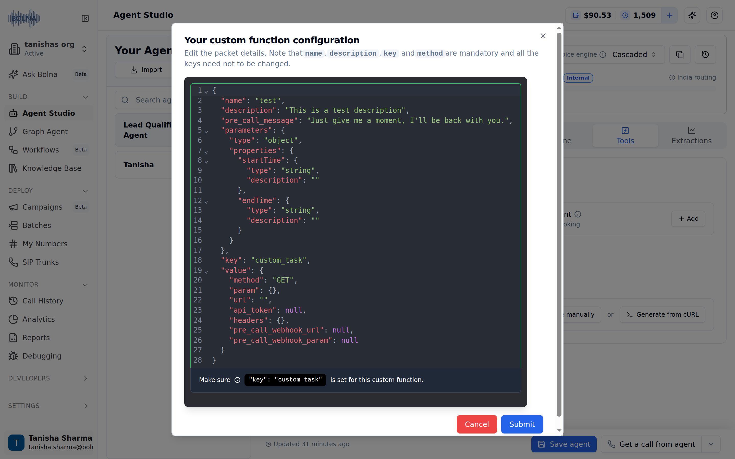Bolna custom function configuration modal with dark code editor showing JSON schema with name test, description, pre_call_message, parameters with startTime and endTime, key custom_task, and value with method GET, url, api_token, and headers