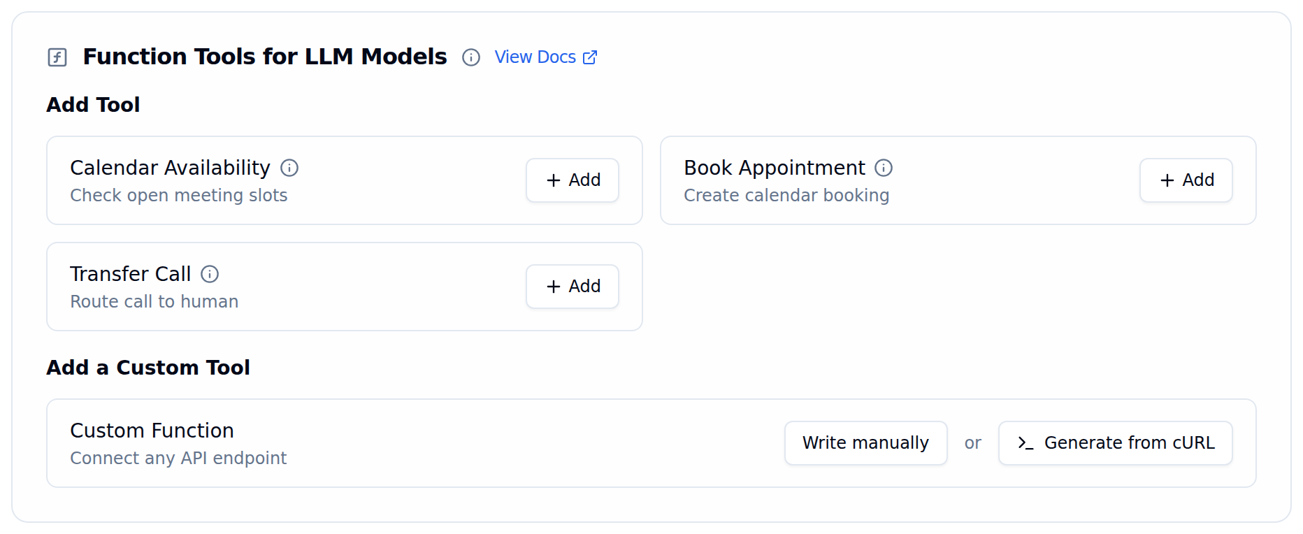 Bolna Add a Custom Tool section with Custom Function card showing Write manually button and Generate from cURL button side by side
