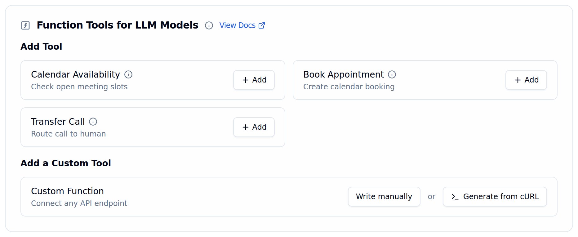 Bolna Add a Custom Tool section with Custom Function card showing Write manually button and Generate from cURL button side by side