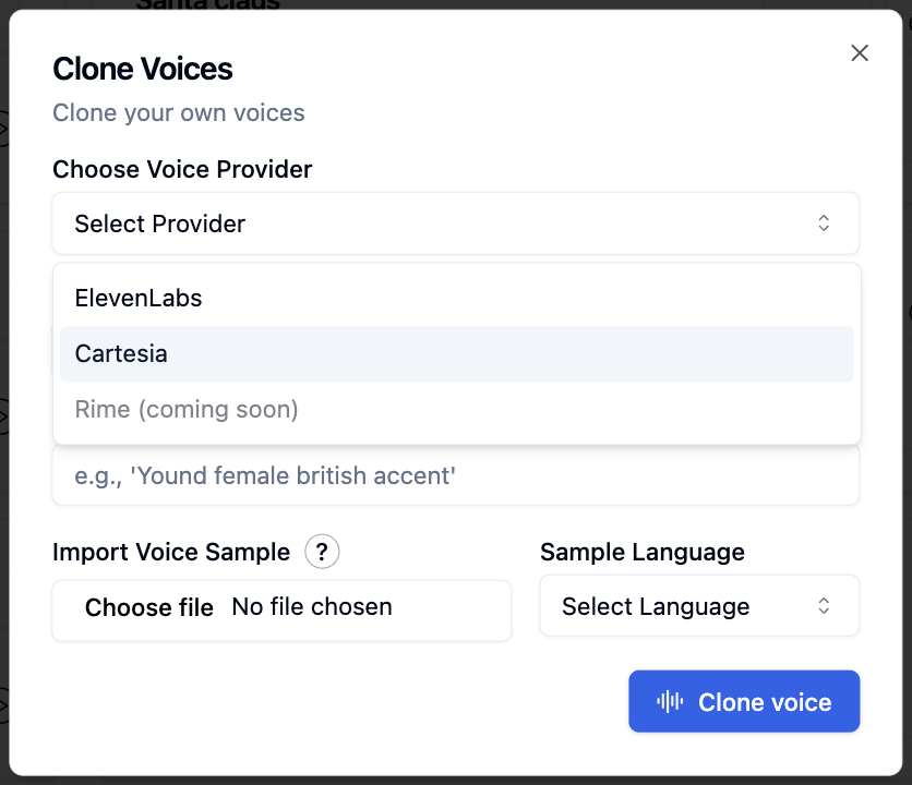 Voice cloning provider selection screen in Bolna showing ElevenLabs as the available voice cloning service option