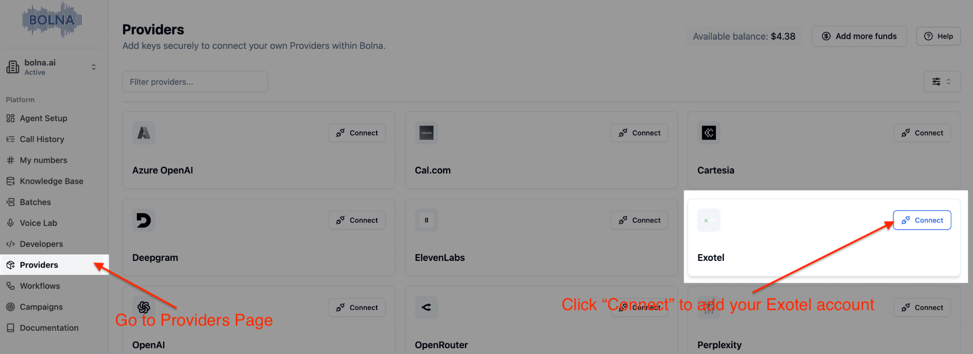 Providers page in Bolna dashboard showing Exotel connection button for integrating Exotel telephony with Voice AI agents