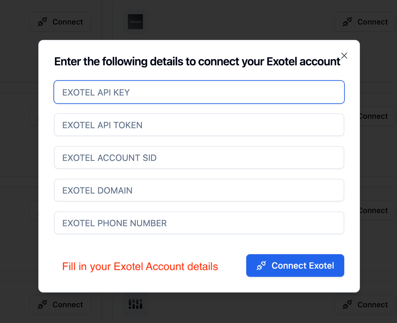 Exotel account connection form in Bolna showing Auth ID and Auth Token input fields for establishing secure connection