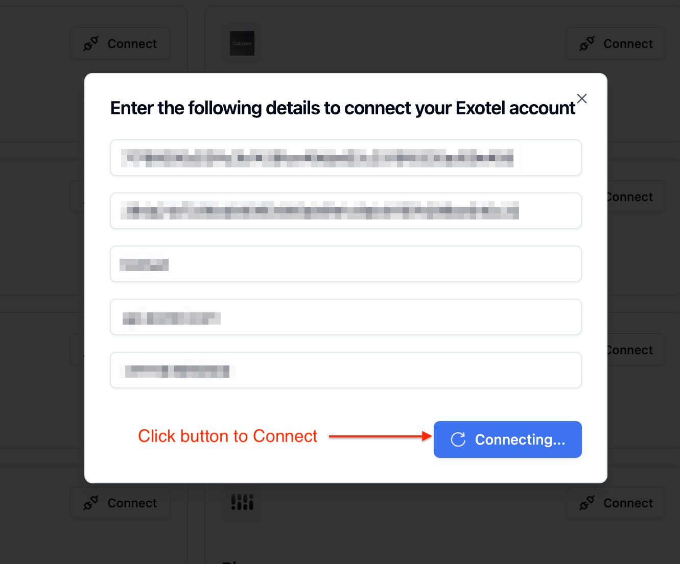 Exotel account connection confirmation screen in Bolna showing connect button to finalize telephony provider integration