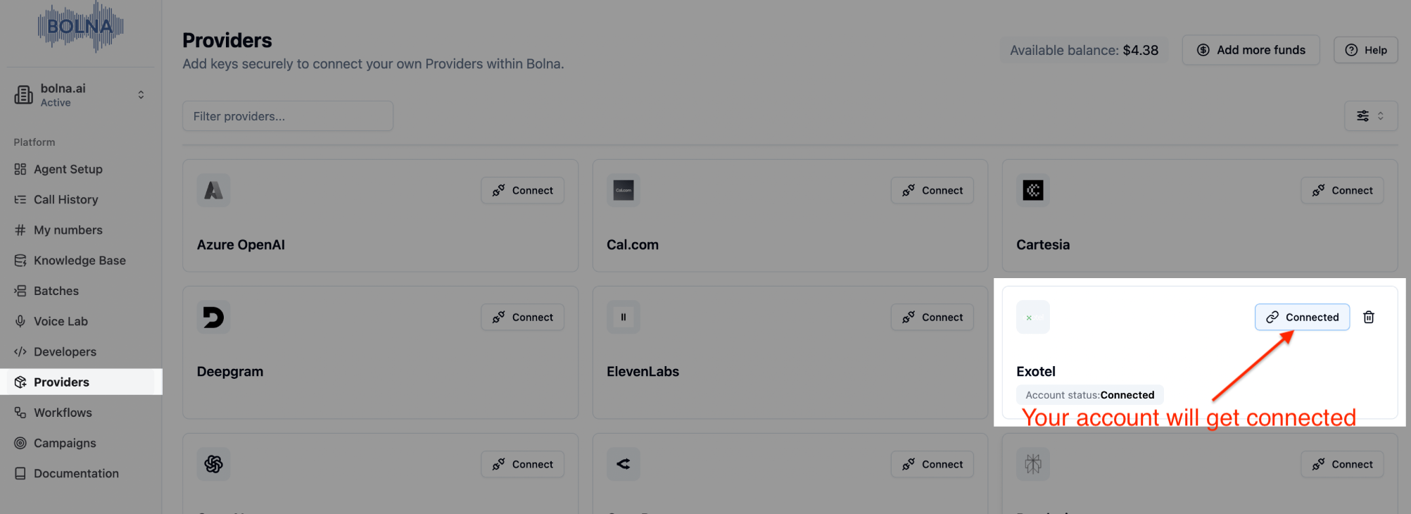 Successful Exotel account connection status in Bolna platform showing secure integration completion for Voice AI telephony services