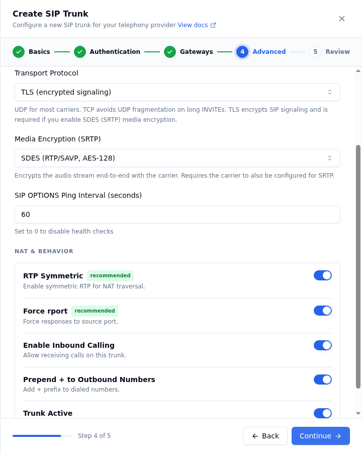 Create SIP Trunk wizard, Advanced step scrolled down to the NAT & Behavior toggles: RTP Symmetric, Force rport, Enable Inbound Calling, Prepend + to Outbound Numbers and Trunk Active