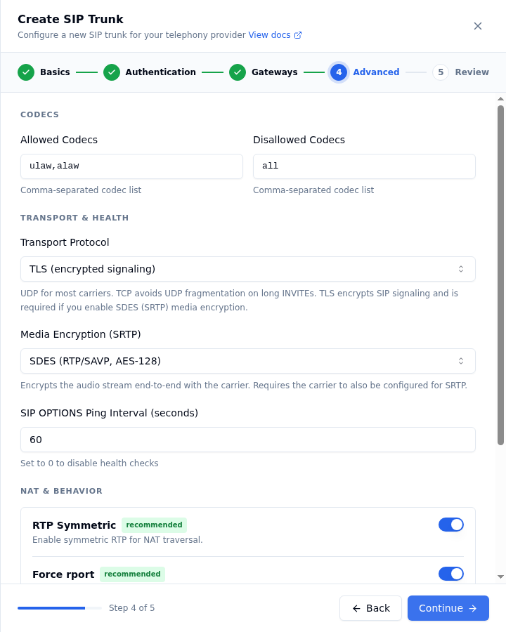 Create SIP Trunk wizard, Advanced step, showing codec fields, Transport Protocol set to TLS and Media Encryption set to SDES