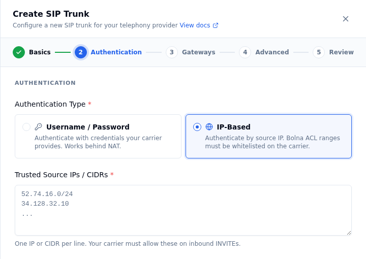Create SIP Trunk wizard, Authentication step, with IP-Based selected and a Trusted Source IPs / CIDRs text area