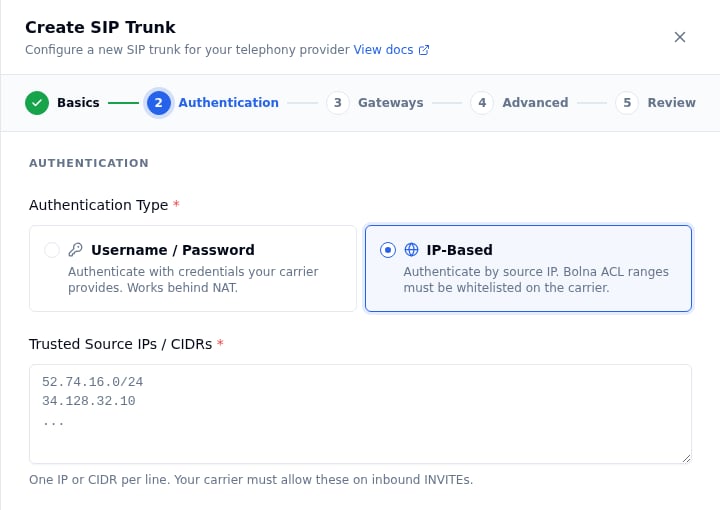 Create SIP Trunk wizard, Authentication step, with IP-Based selected and a Trusted Source IPs / CIDRs text area