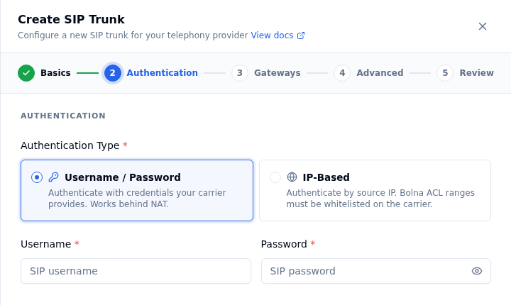 Create SIP Trunk wizard, Authentication step, with Username / Password selected and username and password fields